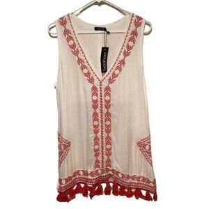 Boohoo White Red Embroidered Boho Tassel Blouse Womens Size 10 NWT